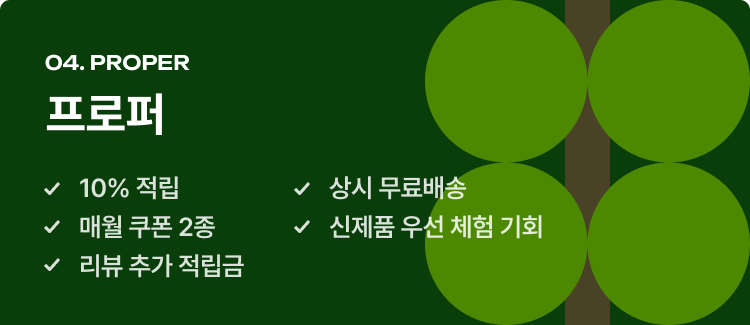 04 프로퍼 등급 - 10%적립, 상시 무료배송, 매월 쿠폰 2종, 신제품 우선 체험 기회, 리뷰 추가 적립금