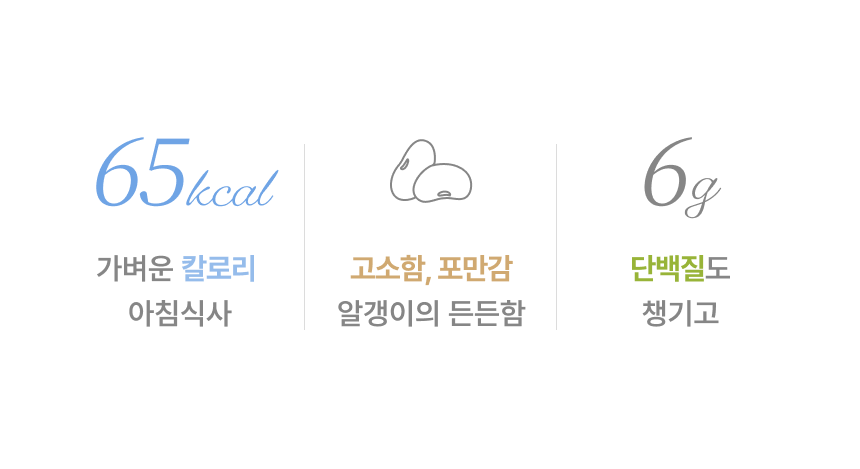 65kcal 가벼운 칼로리 아침식사, 고소함과 포만감 알갱이의 든든함, 단백질 6g도 챙기고