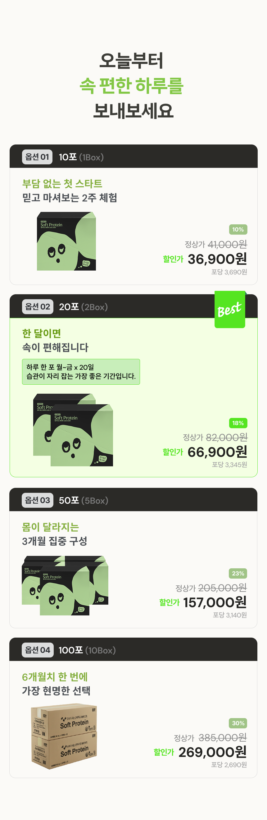 오늘부터 속 편한 하루를 보내보세요. 옵션1-10팩 2주 체험, 34,500원, 옵션2-20팩-65,800원, 옵션3 - 3개월 집중 구성 157,000원, 옵션4 100팩-6개월치 한번에 현명한 선택 280,000원