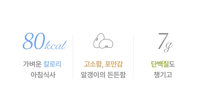 80kcal 가벼운 칼로리 아침식사, 고소함과 포만감 알갱이의 든든함, 단백질 7g도 챙기고