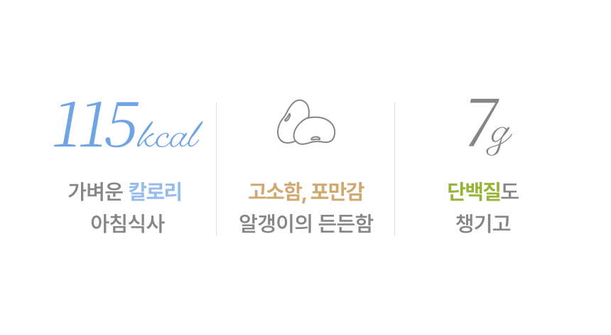 115kcal 가벼운 칼로리 아침식사, 고소함과 포만감 알갱이의 든든함, 단백질 7g도 챙기고